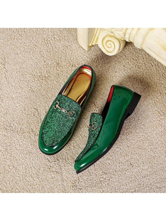 Men\'s Green Rubber Sole Leather Sparkly Sequins Loafers Gold Buckle Party Shoes main image 4